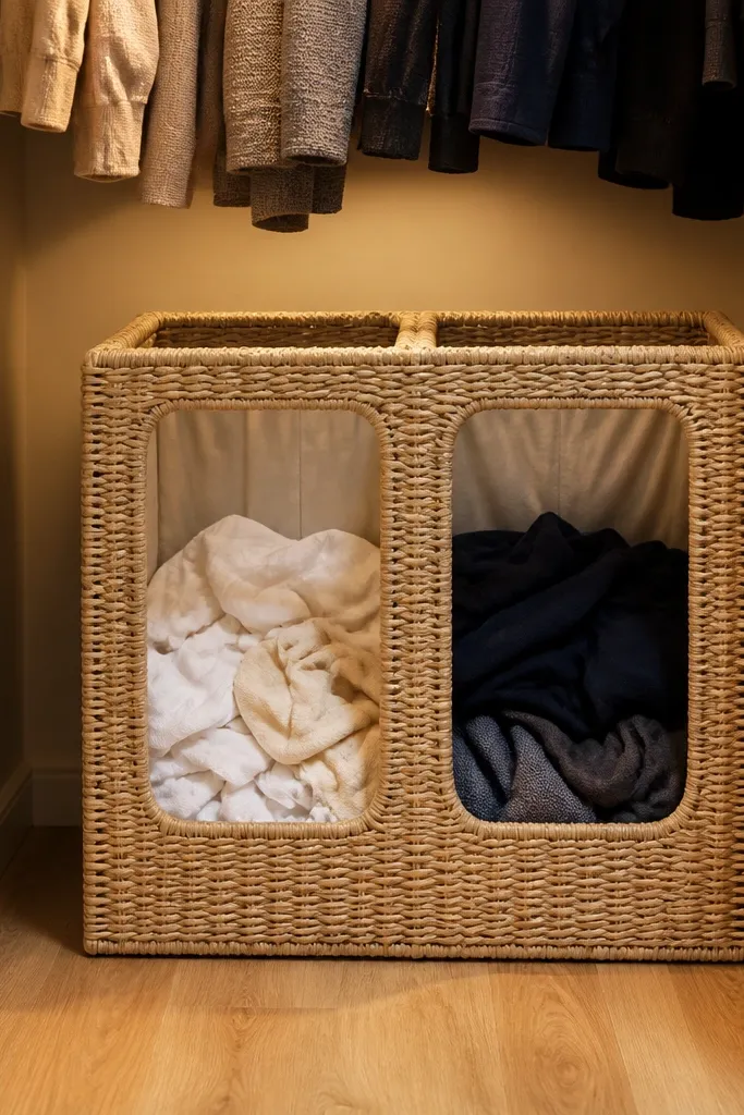 Woven double hamper in closet with two labeled compartments