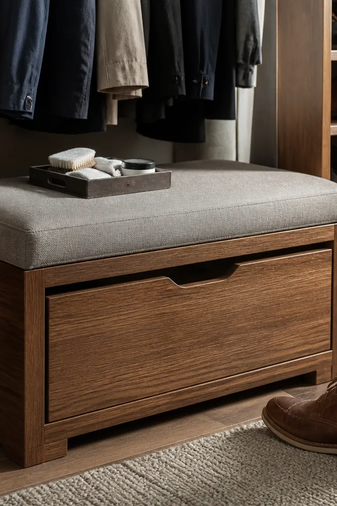 Small shoe bench with cushioned top and a hidden drawer for socks
