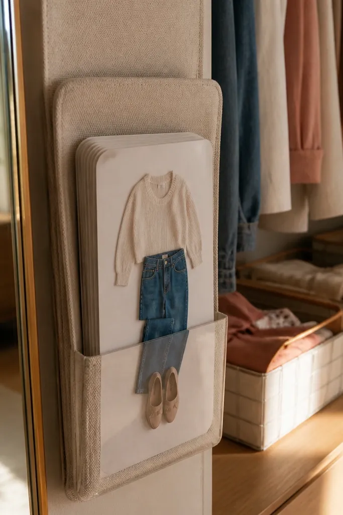 Small pocket organizer beside closet mirror with outfit cards