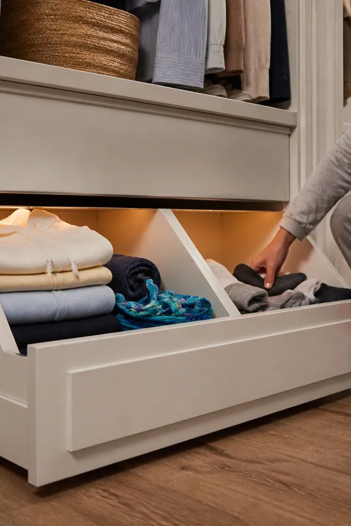 Slide-out drawer under hanging rod with fabric bins