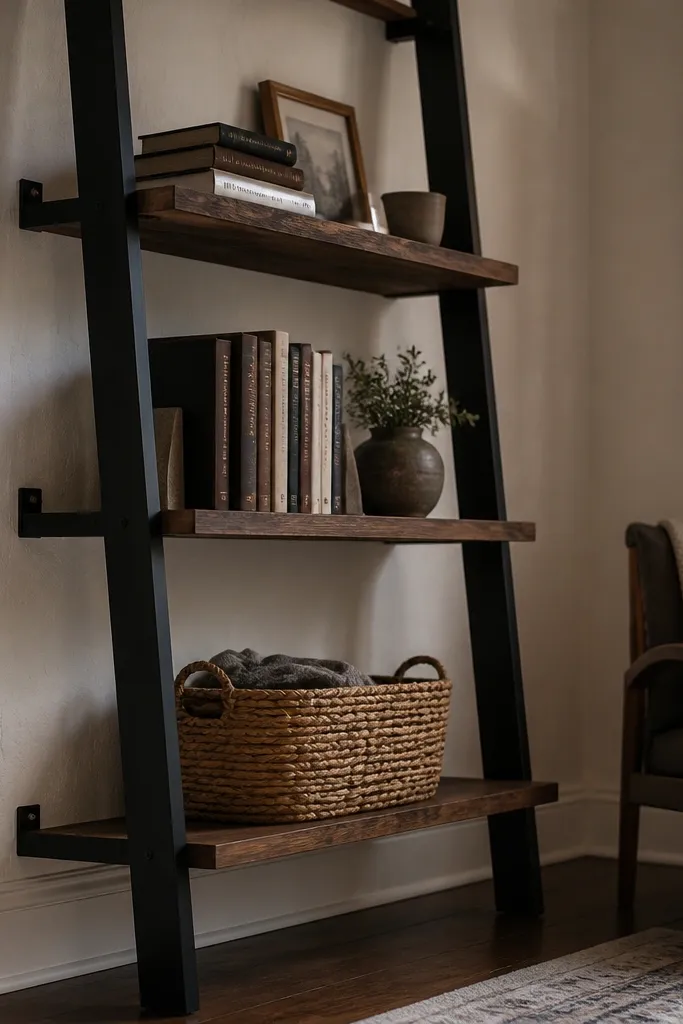 Smoked oak ladder shelves in a living room corner with matte black brackets