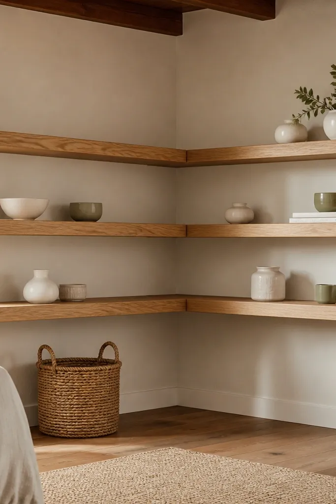 Floating corner shelves forming a U shape with a soft cream back panel