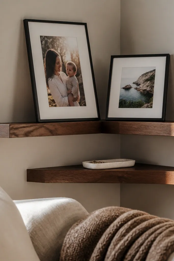 Warm stained corner picture-ledge shelves holding frames and small decor