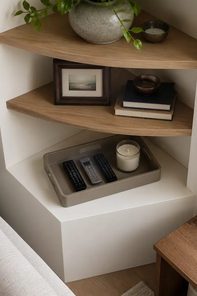 Corner shelves with two levels and a removable tray insert for styled items