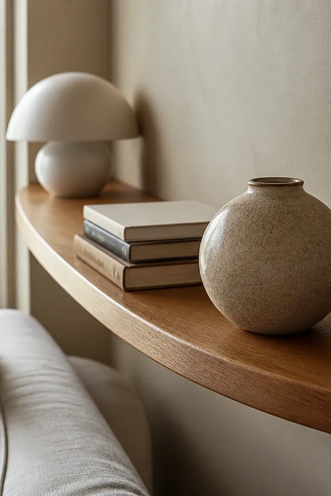 Curved front edge corner shelves with warm wood and minimal brackets