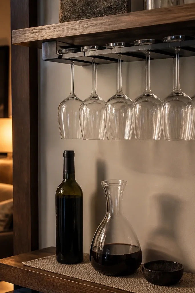 Two-tier corner shelves with a slim slot for hanging wine glasses