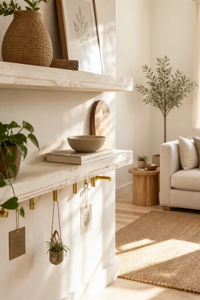 Whitewashed pine corner shelves with brass pegs holding small decor