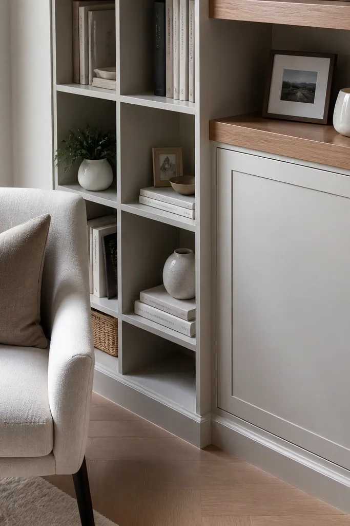 Corner shelf nook with open cubes and one small closed door cabinet