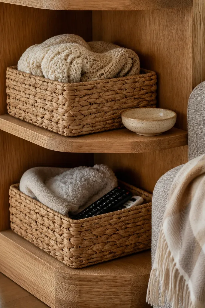 Corner shelves with woven baskets tucked into the lower sections