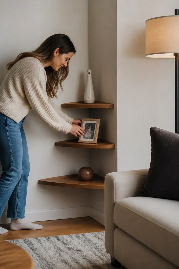 Small triangle corner shelves stacked with decor and one plant