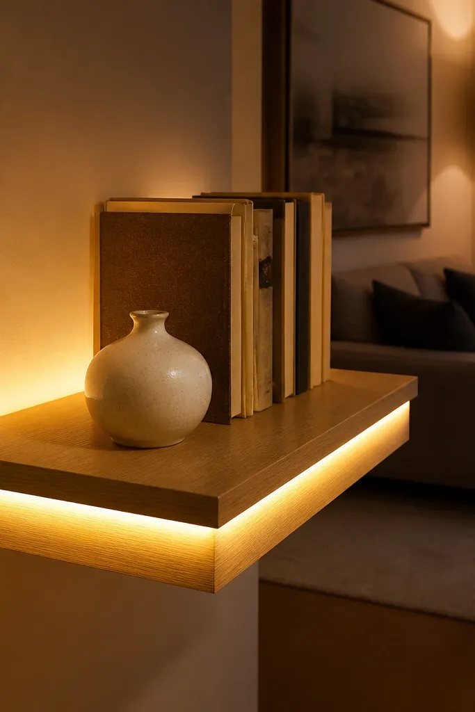 Corner shelves with warm LED strip glowing under the shelf edges