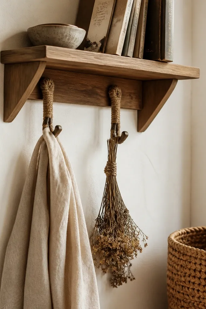 Corner shelf with rope-wrapped hooks holding soft decor like hanging towels