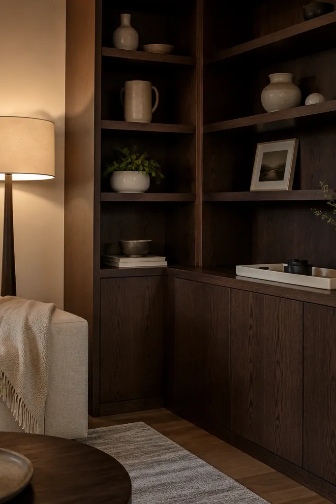 Dark walnut corner shelves styled with light linen and ceramic decor