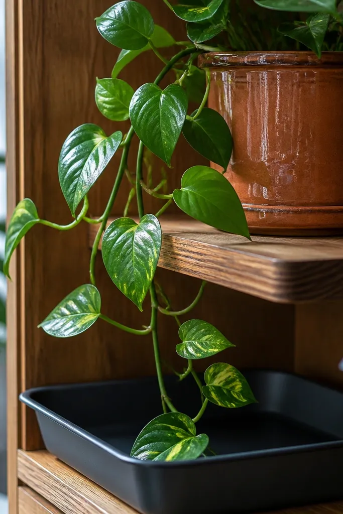 Corner shelf plant ledge with a water-resistant tray and small watering can