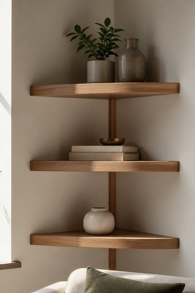 Corner floating shelves with hidden cable channel and minimal decor