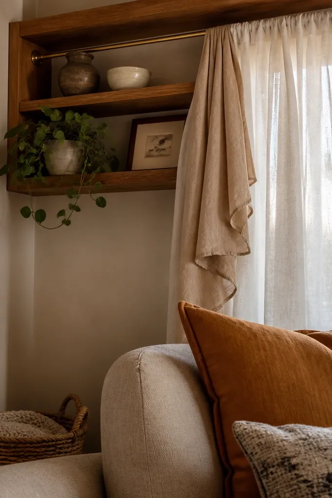 Corner shelf with a small rod above holding light neutral textiles