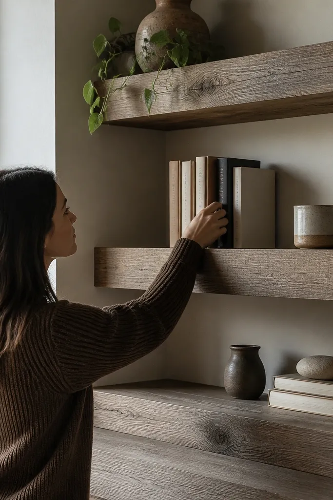 Reclaimed-style wood corner shelves with a subtle shadow gap against the wall