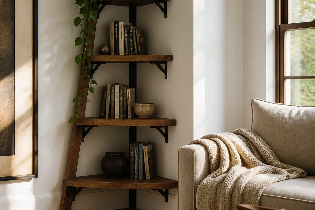 Cozy Corner Shelves for a Warm Living Room