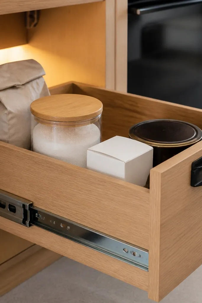 White pull-out drawer with labeled bins for flour, sugar, and baking mix