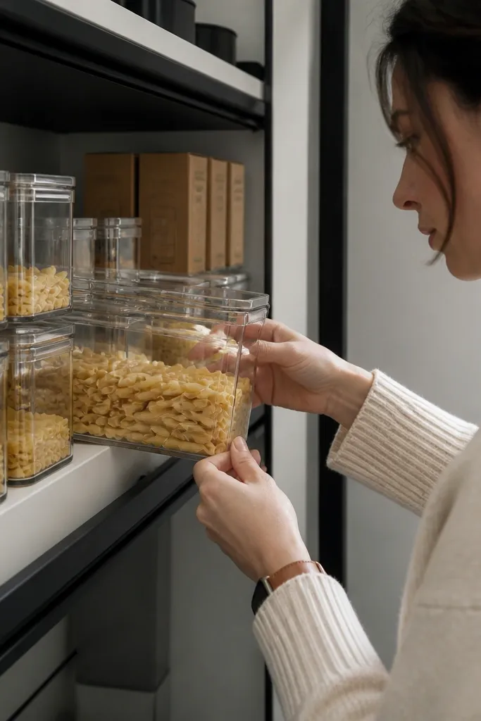 Three clear canisters stacked with labels facing forward in a deep pantry