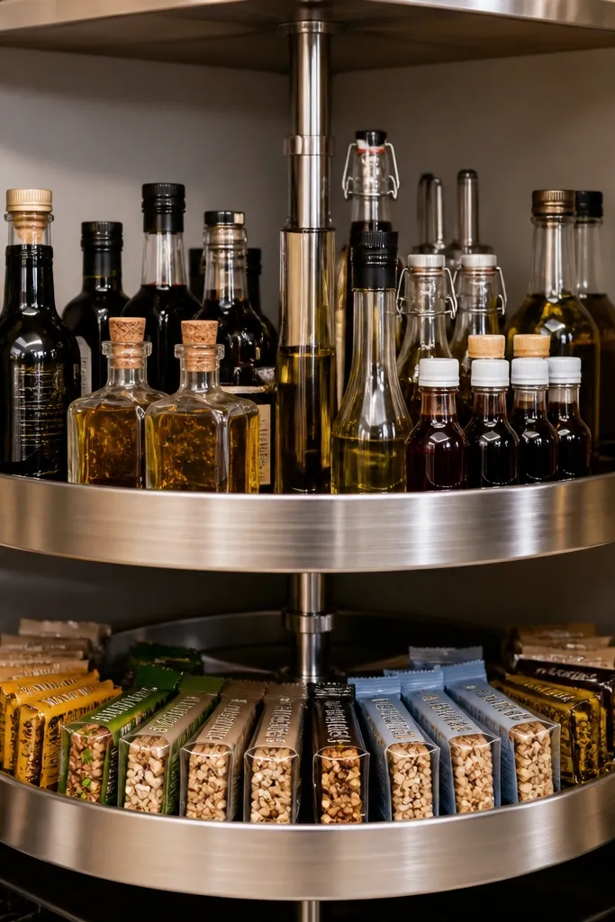 Turntable with two stacked levels holding jars and snack bags in a corner pantry