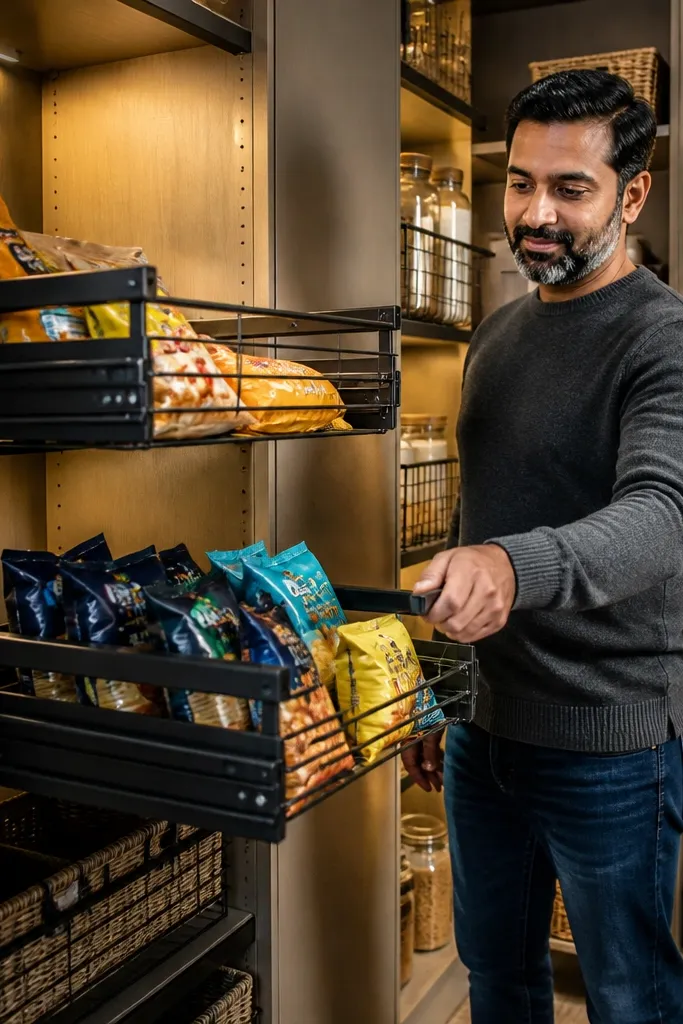 Black pull-out baskets on rails with neatly stacked snack bags and labels