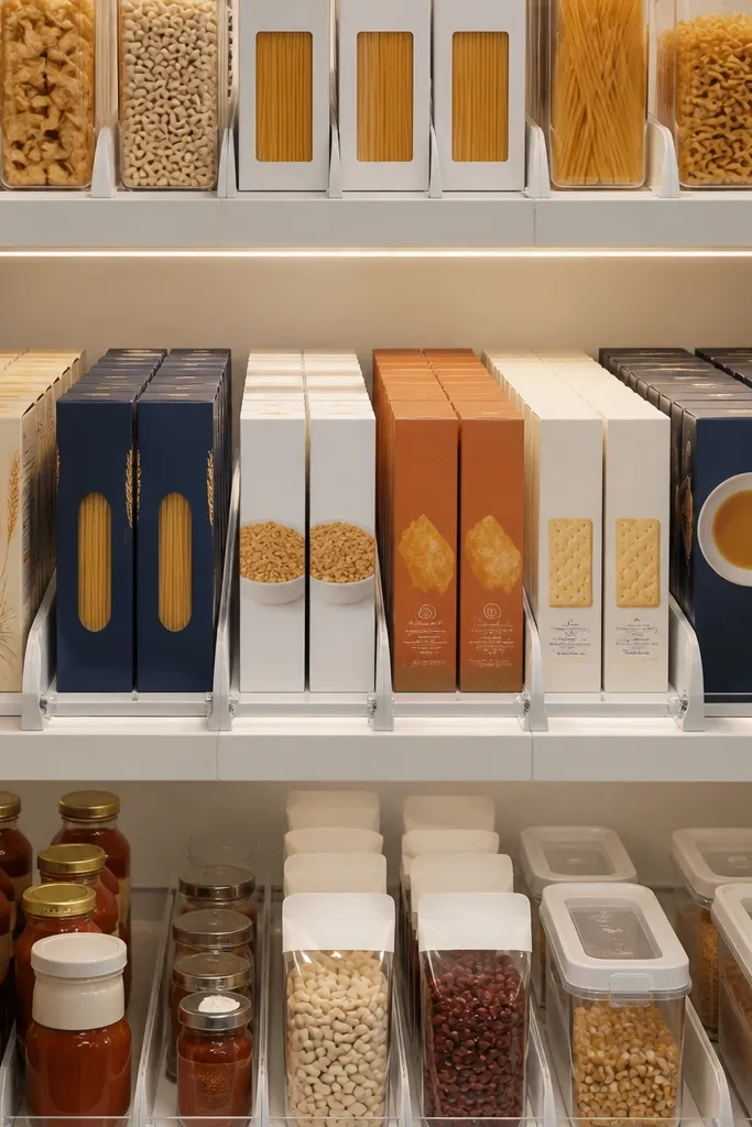 Adjustable dividers creating neat rows for boxed pasta and cereal on a deep shelf