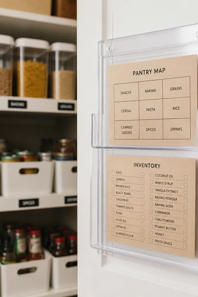 Clear pocket organizer on pantry door with handwritten labels and a small inventory card