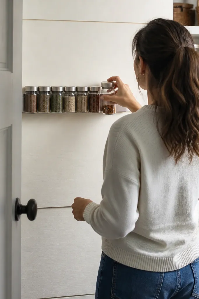Spice jars on a magnetic strip on a backer board behind pantry door