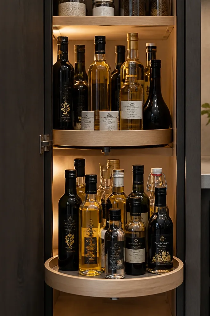 Tiered shelf holding bottles with labels aligned on a deep pantry wall