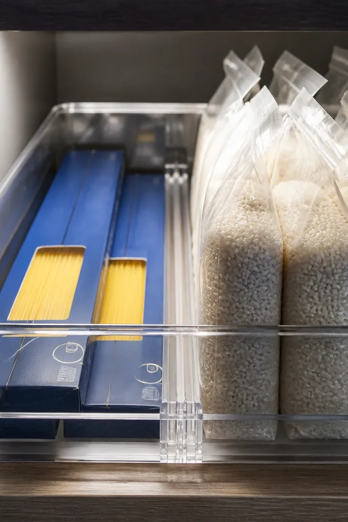 Clear storage bin with sliding dividers holding pasta boxes and rice bags