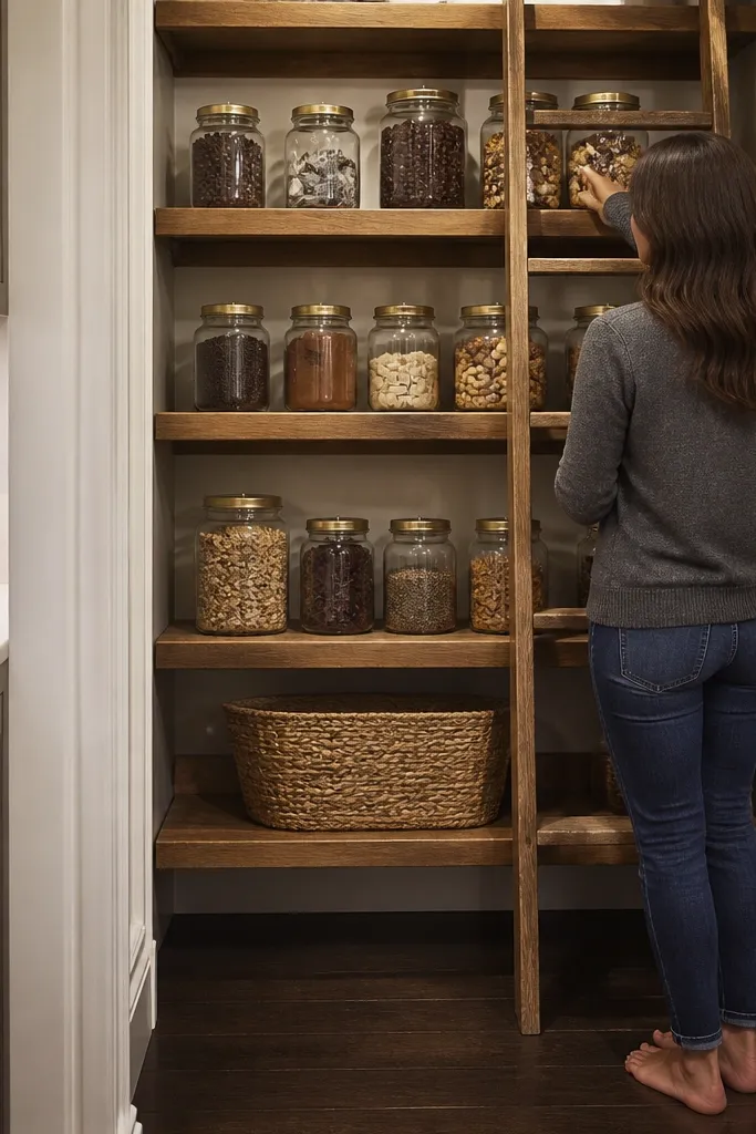Wood ladder shelf in pantry with matching canisters and warm labels
