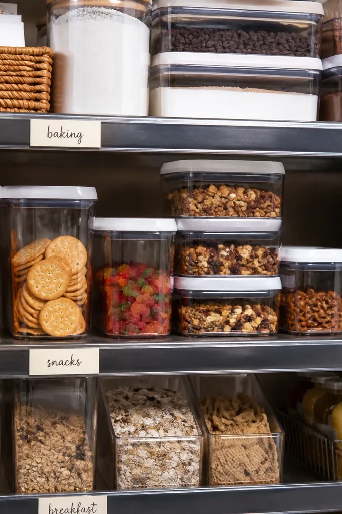 Magnetic label strips along pantry shelves with clear bin categories and neat text