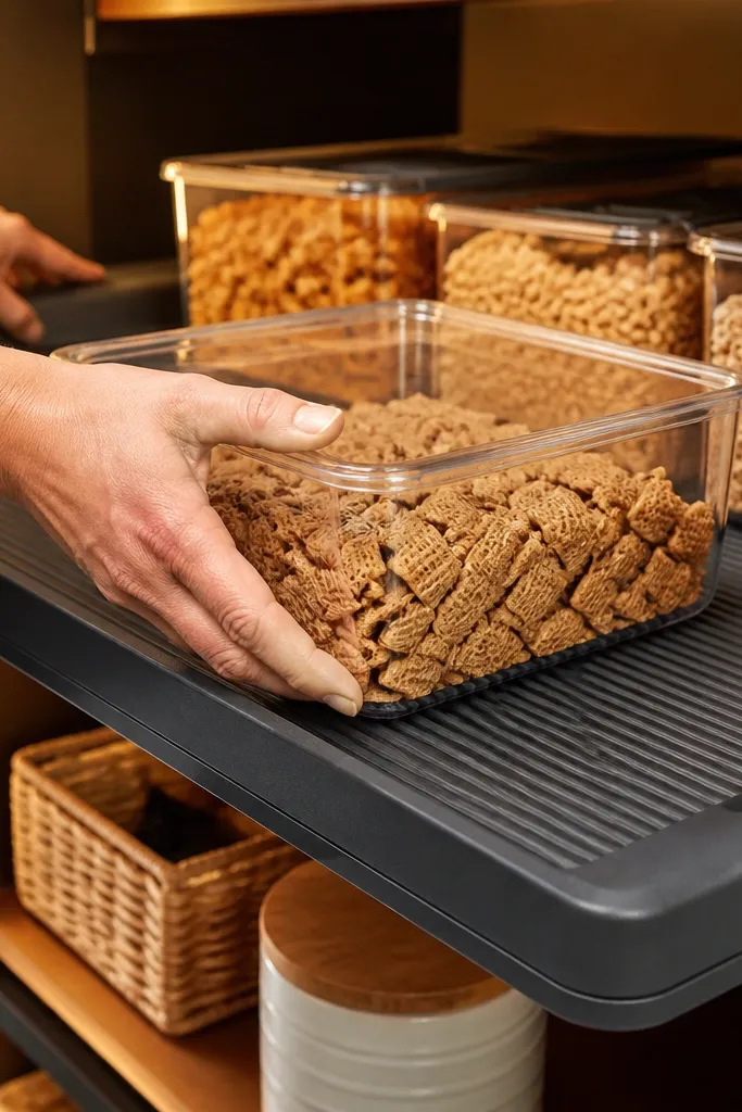 Shelf liner with rubber grip texture keeping bins from sliding on deep shelves