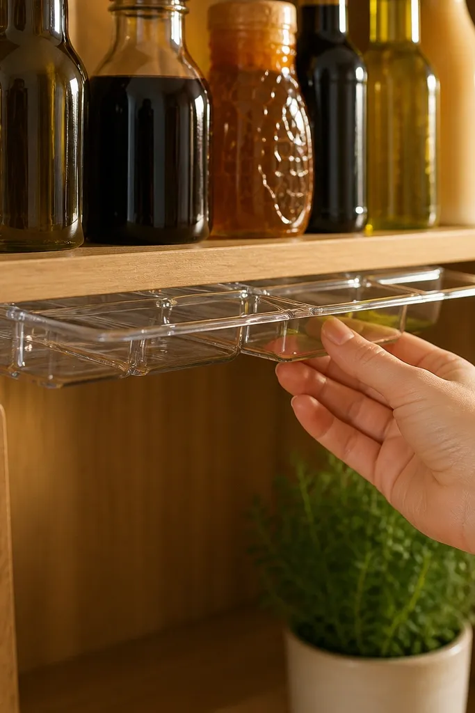 Clear drip trays under bottles on a deep shelf with tidy organization