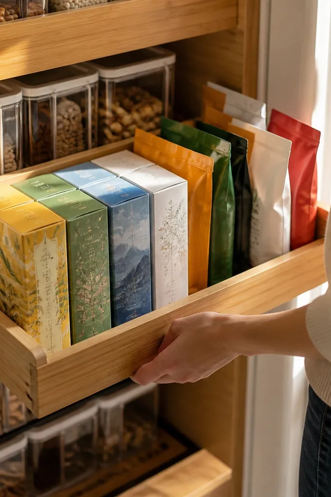 Bamboo pull-out shelf with tea boxes and snack packs neatly arranged