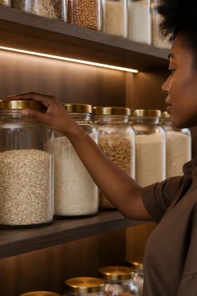 Uniform glass jars with brass lids on a deep pantry shelf with neat labels