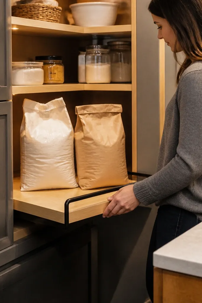 Pull-out platform in a deep corner with a handle holding heavy bags upright