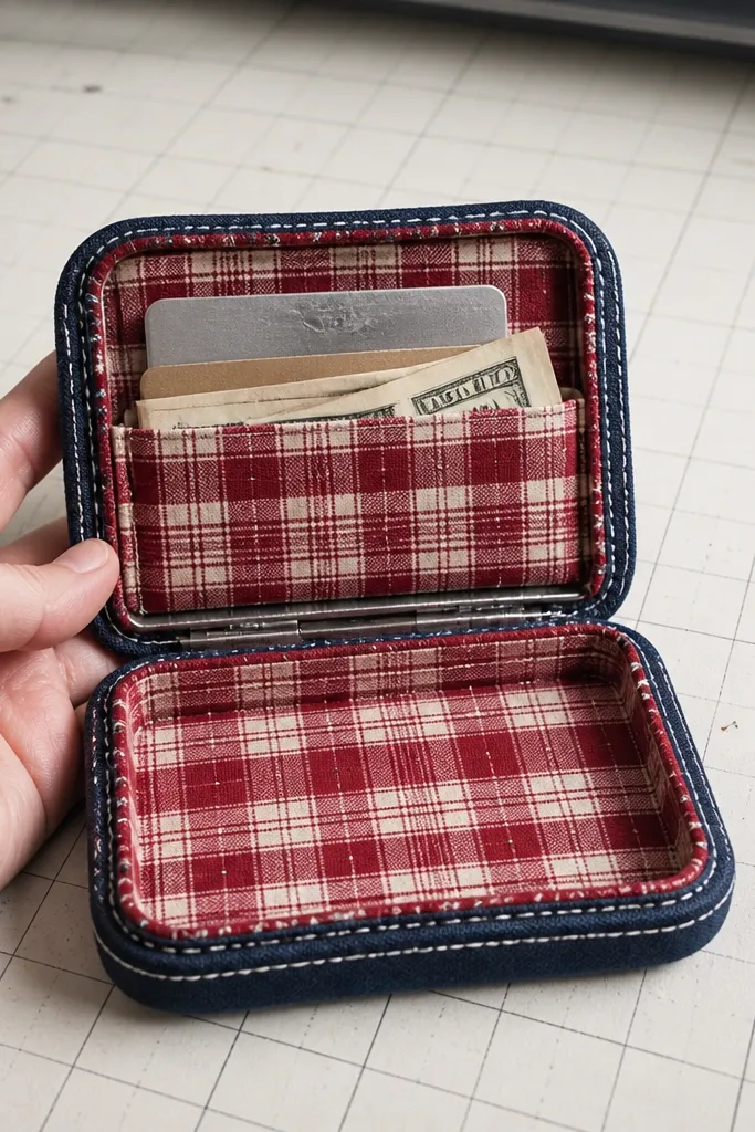 Red flannel lining Altoids wallet with a tan faux-stitch border