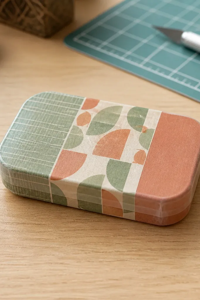 Patterned washi tape panels on an Altoids wallet with sealed edges