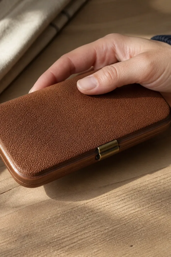 Tan leatherette Altoids wallet with burnished edges and tidy seam line