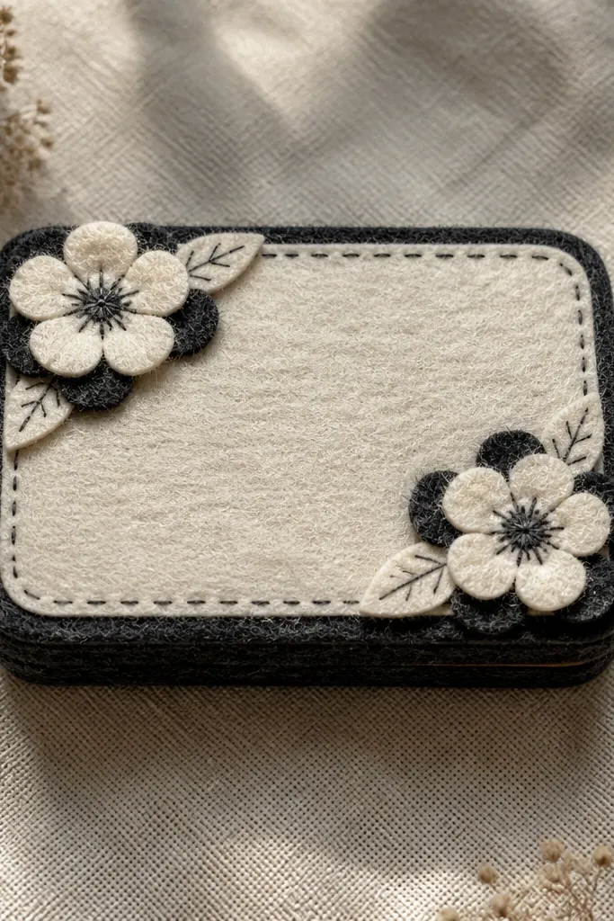Cream felt Altoids wallet with small felt flower accents at the corners