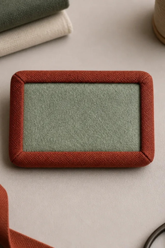 Navy outer felt Altoids wallet framed with warm tan bias tape