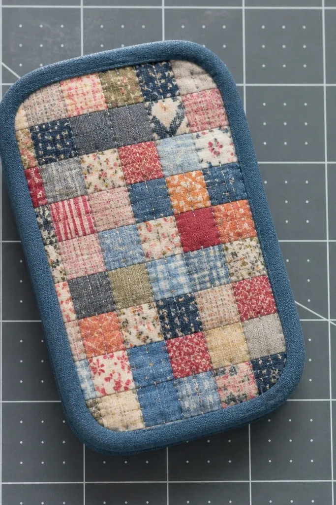 Patchwork grid Altoids wallet with small squares and clean corner binding
