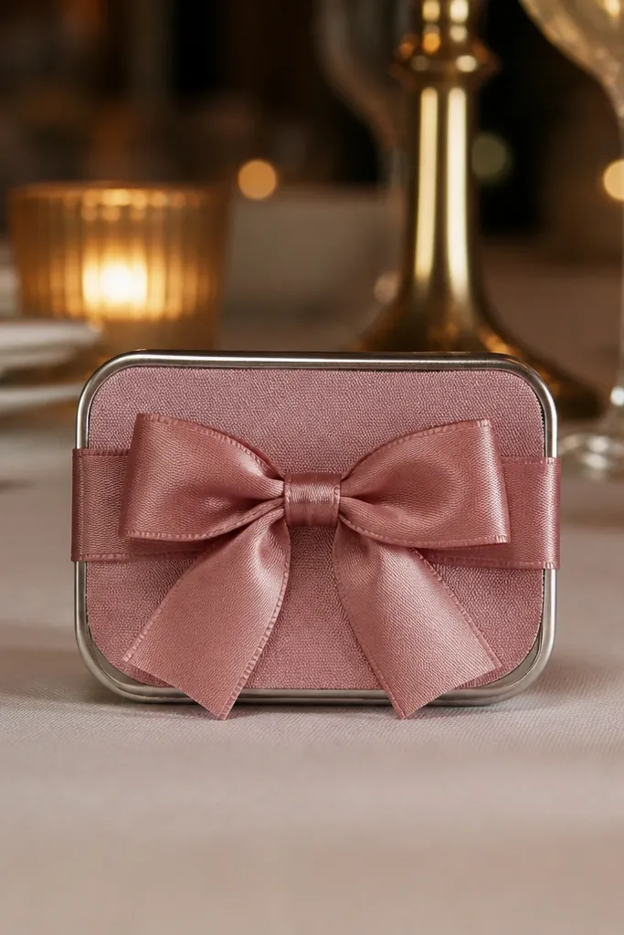 Cream satin bow on a cozy flannel-lined Altoids wallet with tidy edges