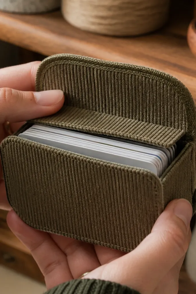 Brown corduroy Altoids wallet with a clean top divider flap inside
