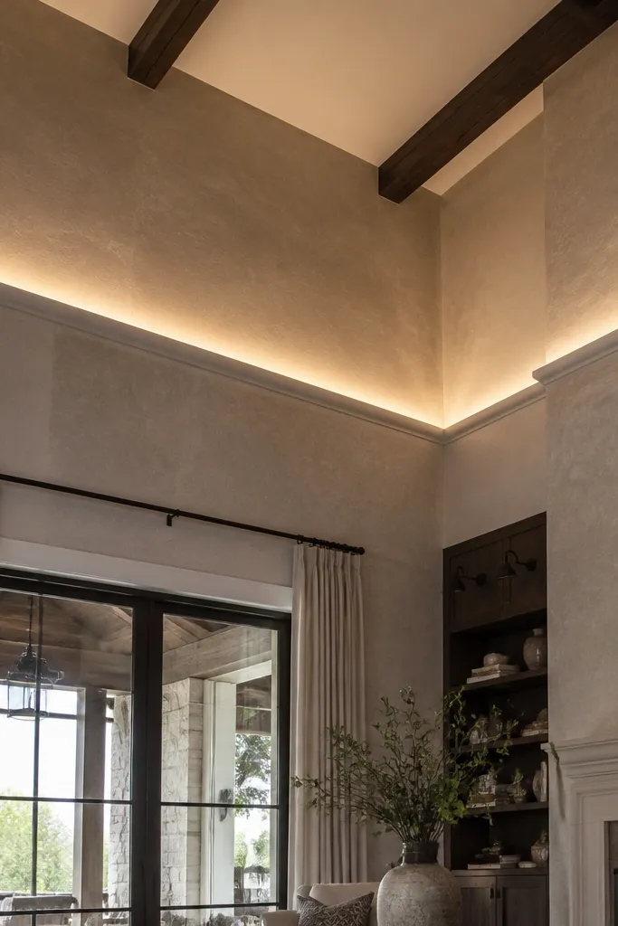 Off-white cove trim with warm LED glow washing the upper walls