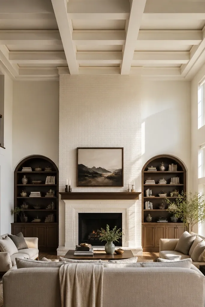 White-painted wood beams forming a grid with thin dark gaps
