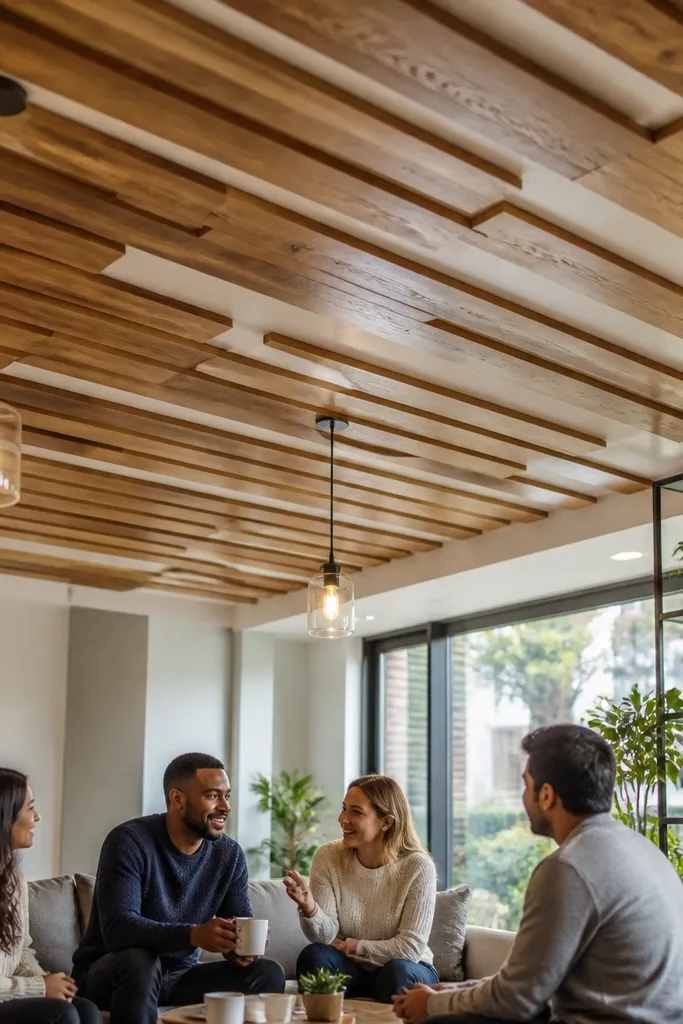Warm wood slats on the ceiling running lengthwise with soft gaps