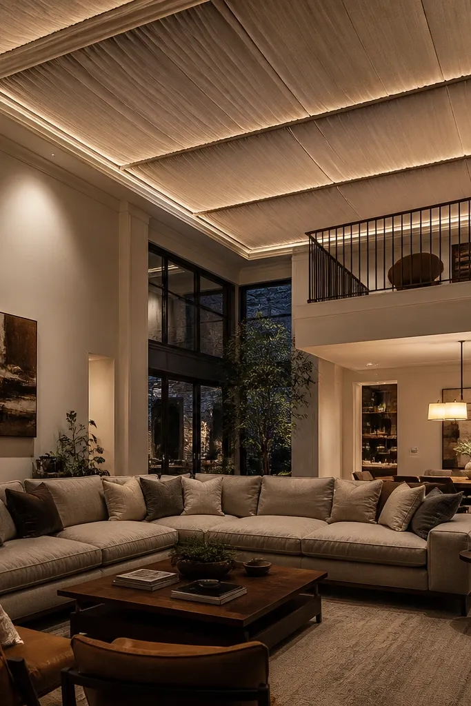 Ceiling drape panels with gentle pleats and warm light